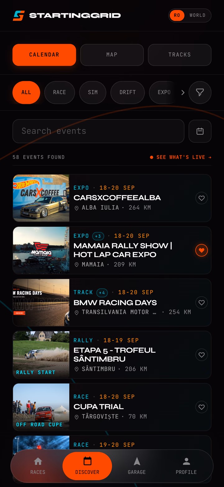 Ecranul Discover din Starting Grid cu căutare, filtre pe categorii, date și favorite