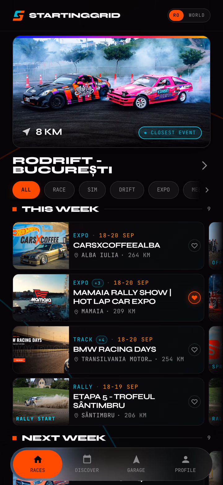 Ecranul Races din Starting Grid cu cel mai apropiat eveniment de drift și evenimente grupate pe săptămâni