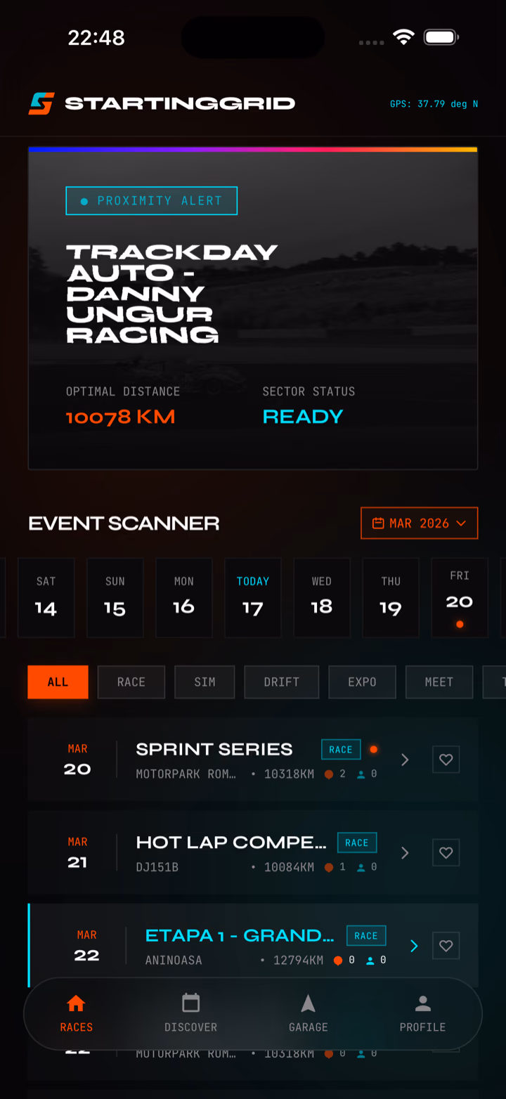 Flux live Starting Grid cu activități auto și informații despre locații