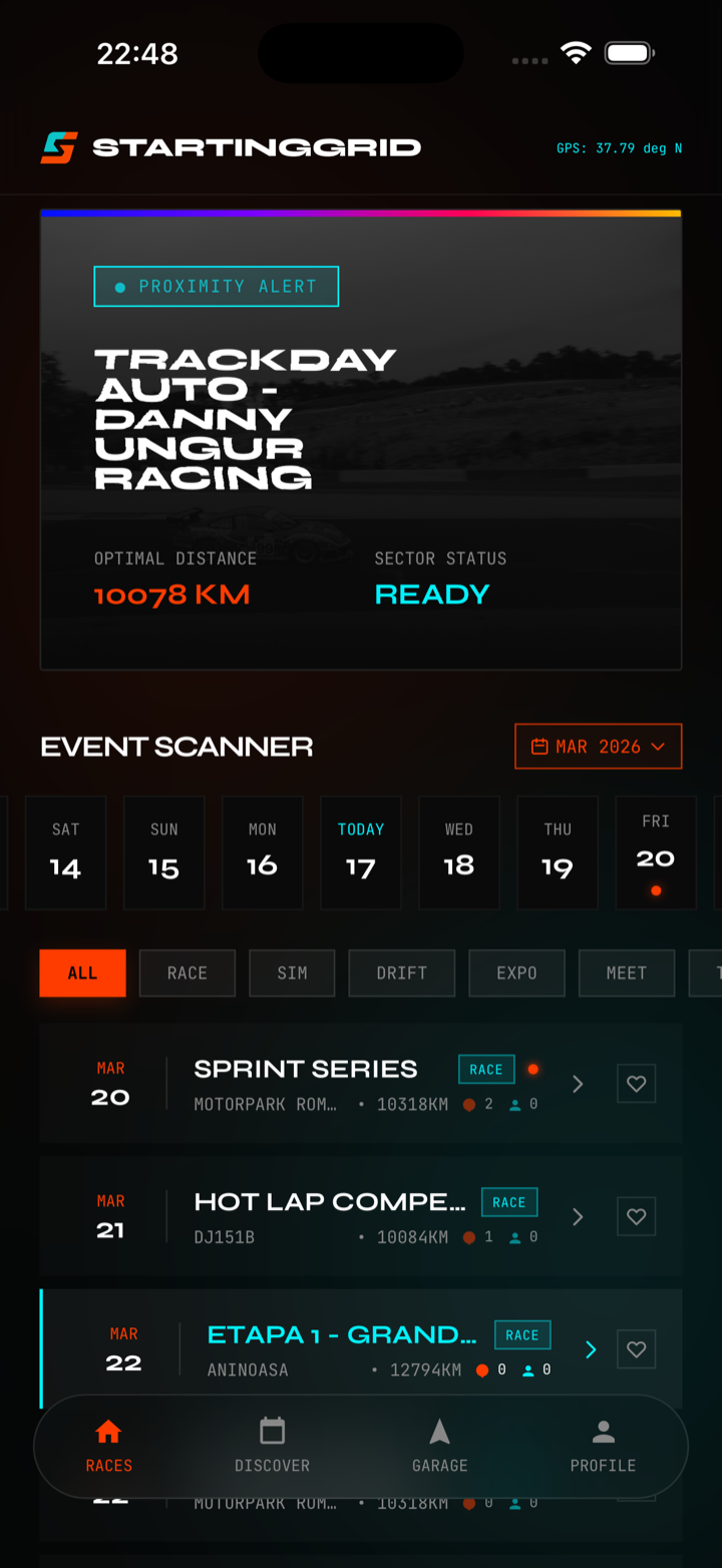 Flux live Starting Grid cu activități auto și informații despre locații